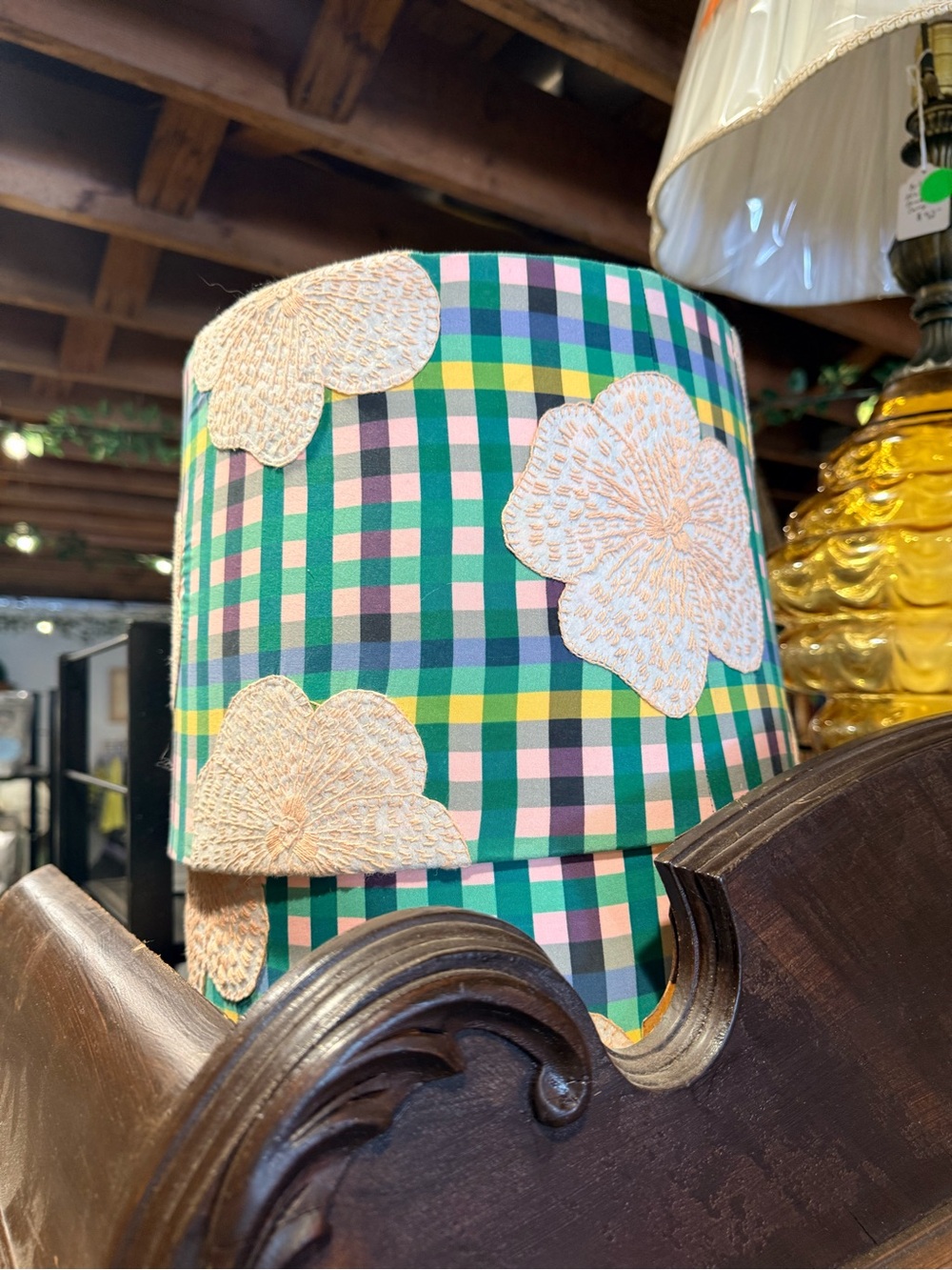 Plaid Floral Embroidered Drum Lampshade - Green Pink Yellow set of 2